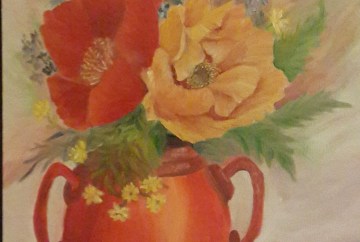 Oil painting of Red and Yellow Poppies in a Vase