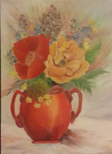 Oil painting of Red and Yellow Poppies in a Vase