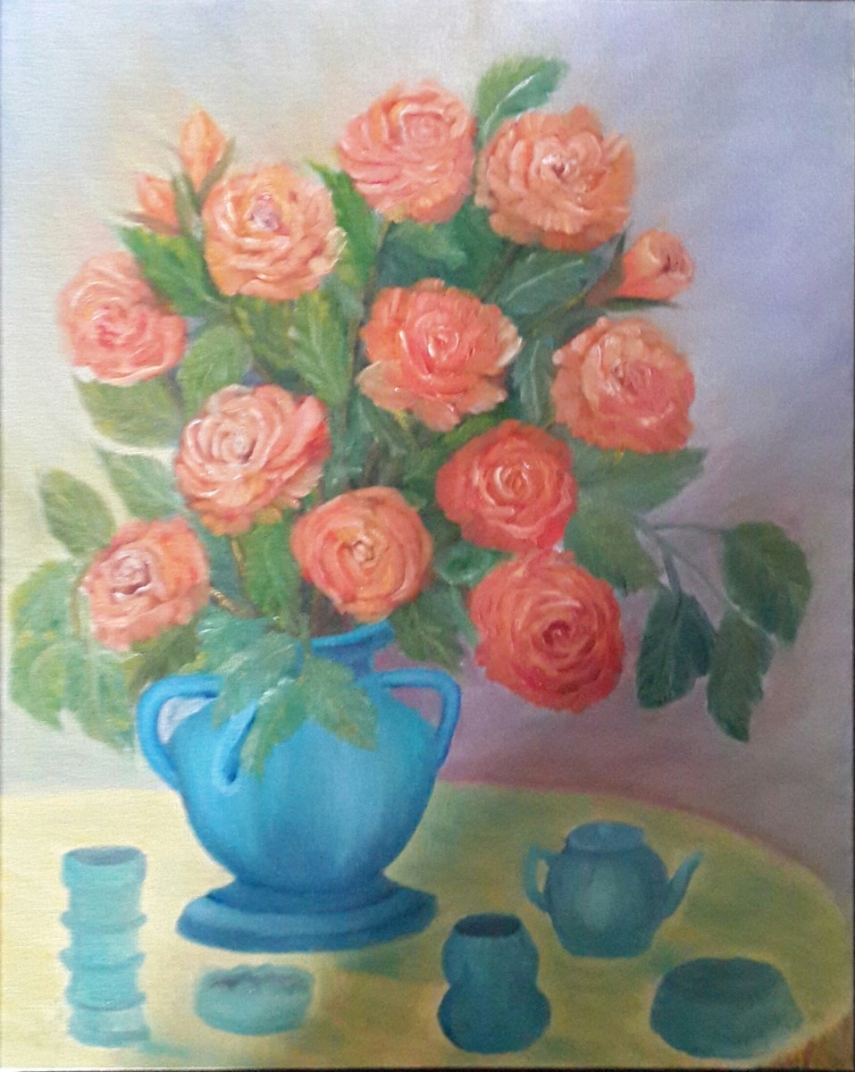 Roses in a Blue Vase roses oil painting by Navdeep Kular