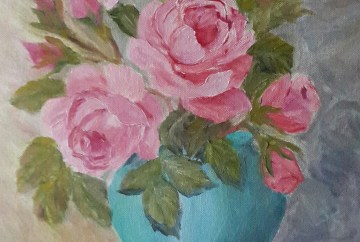floral painting Pink Roses and Rose buds in a Turquoise Vase original oil painting by Navdeep Kular