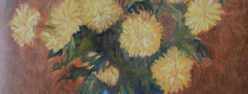 floral painting Chrysanthemums in a Ceramic Vase (18H X 12W in) Ode to Fantin