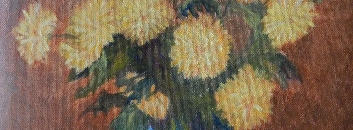 floral painting Chrysanthemums in a Ceramic Vase (18H X 12W in) Ode to Fantin