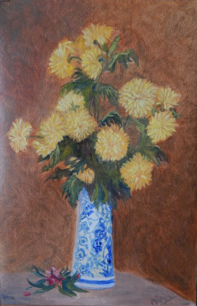 floral painting Chrysanthemums in a Ceramic Vase (18H X 12W in) Ode to Fantin