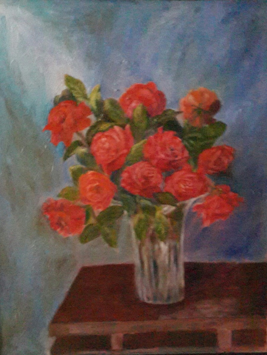 floral painting Red Roses in a Crystal Vase original oil painting by Navdeep Kular