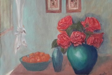 red roses in a turquoise vase original oil painting by Navdeep Kular