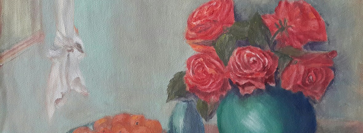 red roses in a turquoise vase original oil painting by Navdeep Kular
