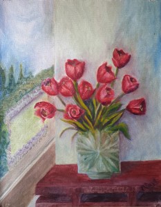 Tulips in a Crystal Vase (14H X 11W in) Red Tulips oil painting by Navdeep Kular
