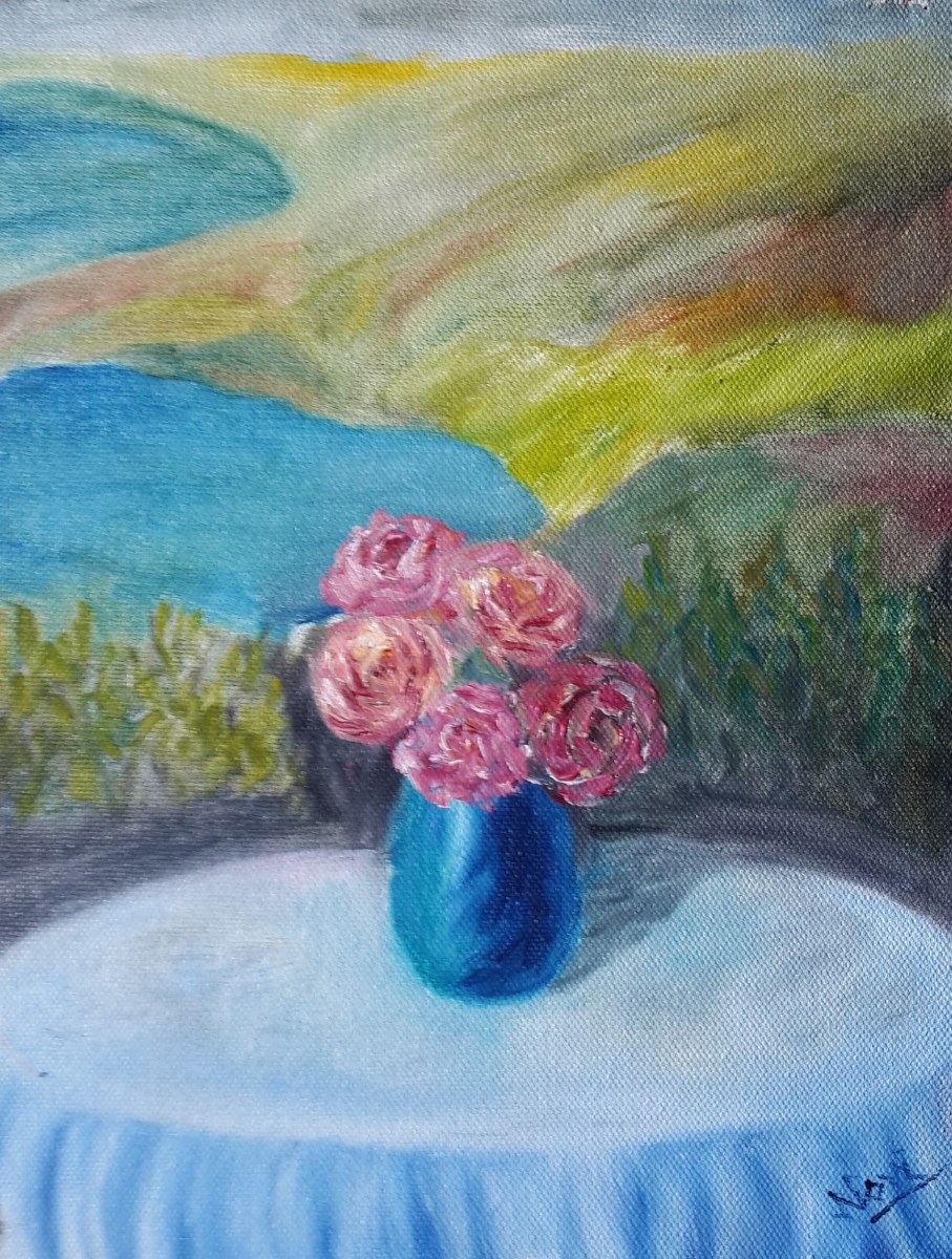Peonies on a Garden Table 1 (11H X 8W in)peonies oil painting by Navdeep Kular