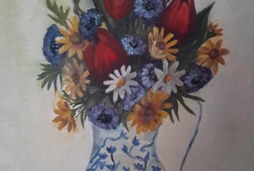 floral painting Tulips in a Ceramic Vase (20H X 16W in )oil painting by Navdeep Kular