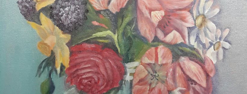 floral painting Roses, Tulips and Daffodils in a Glass Vase (22H X 15W in) oil painting by Navdeep Kular