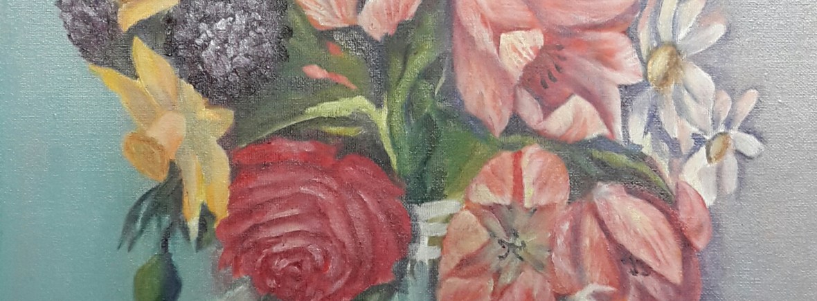 floral painting Roses, Tulips and Daffodils in a Glass Vase (22H X 15W in) oil painting by Navdeep Kular