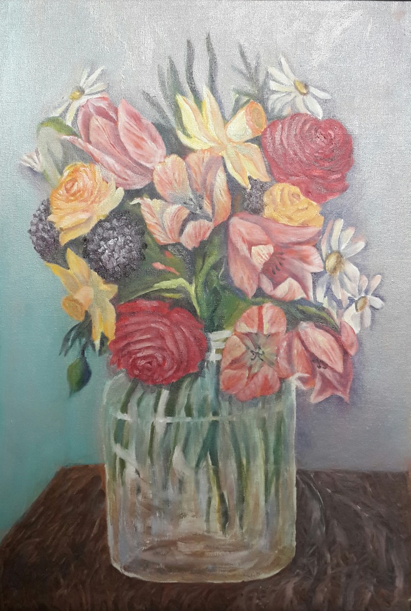 floral painting Roses, Tulips and Daffodils in a Glass Vase (22H X 15W in) oil painting by Navdeep Kular