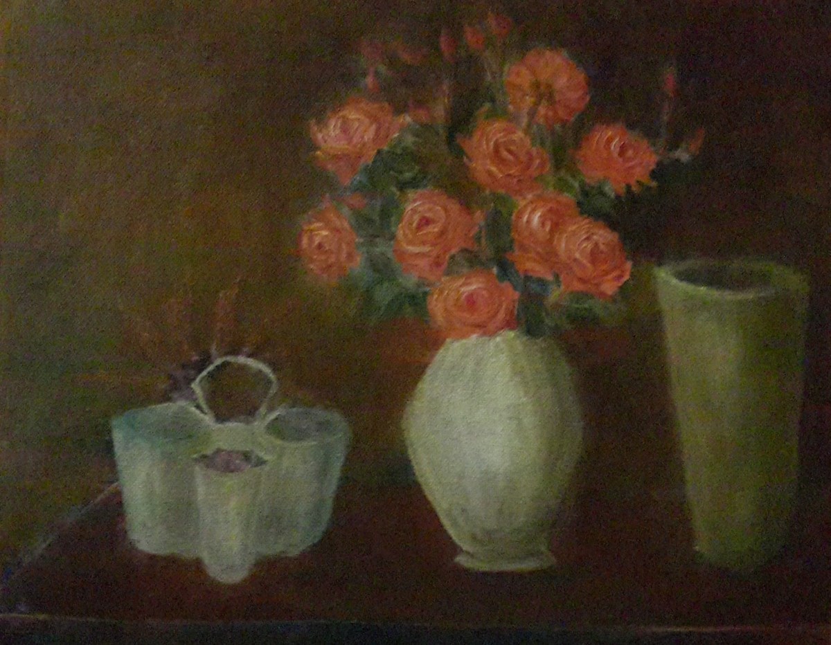Still Life with coral roses oil painting by Navdeep Kular