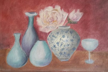 Peonies and Blue Vases Oil Painting by Navdeep Kular