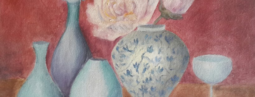 Peonies and Blue Vases Oil Painting by Navdeep Kular