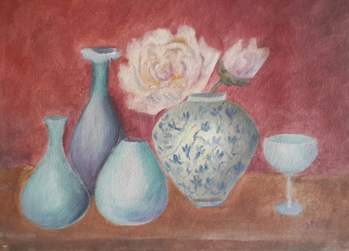 Peonies and Blue Vases Oil Painting by Navdeep Kular
