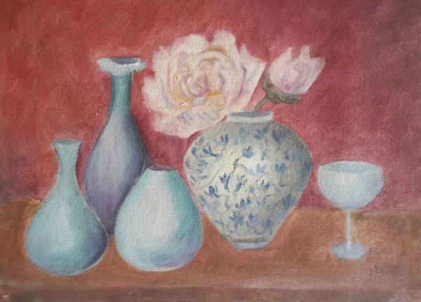 Peonies and Blue Vases Oil Painting by Navdeep Kular
