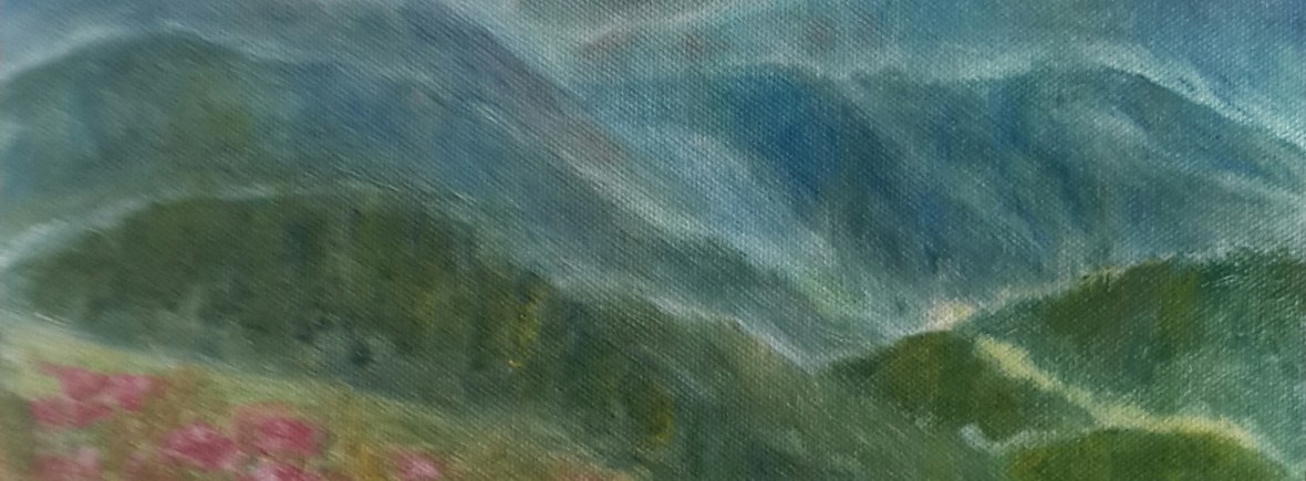 Impressionist mountains landscape oil painting with wildflowers and morning mist by Navdeep Kular