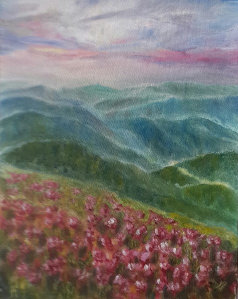 Impressionist mountains landscape oil painting with wildflowers and morning mist by Navdeep Kular