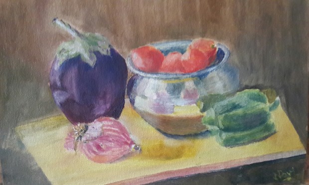 colourful painting with reflections in metallic bowl