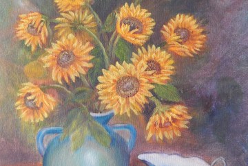 Floral still life oil painting of sunflowers in a blue vase with a creamer and a bowl of fruit by Navdeep Kular