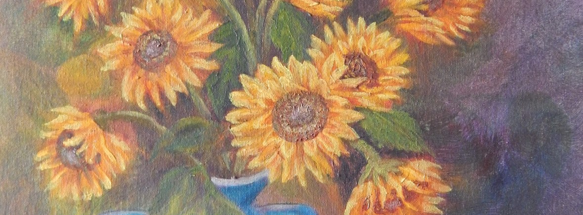 Floral still life oil painting of sunflowers in a blue vase with a creamer and a bowl of fruit by Navdeep Kular