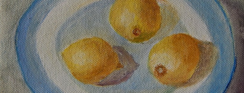 still life oil painting of lemons in a blue plate