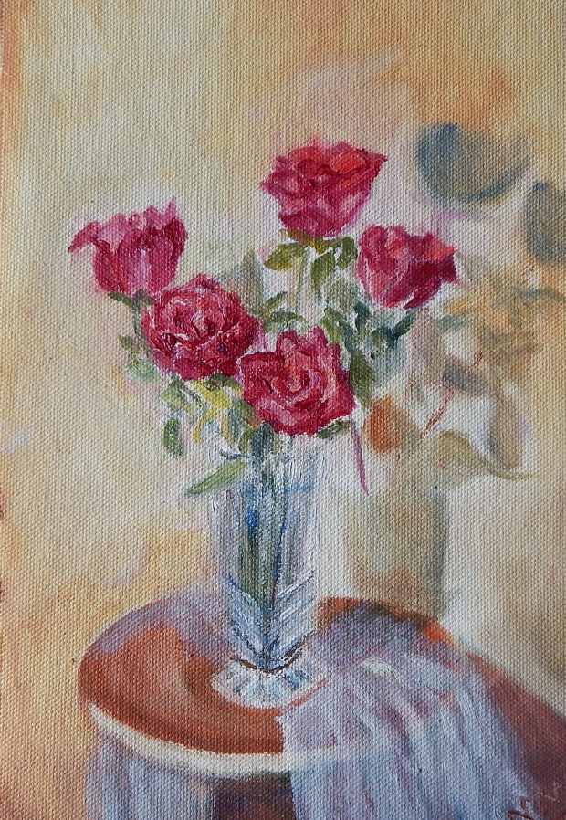 Pink Roses in a Crystal Vase – Oil Paintings by Navdeep Kular
