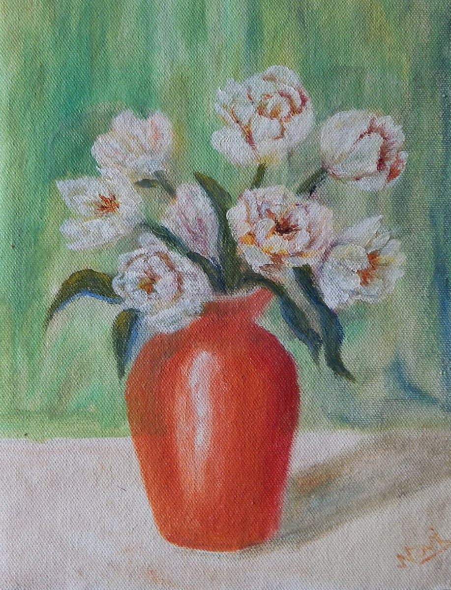 Floral still life oil painting of orange vase with flowers by NavdeepKular