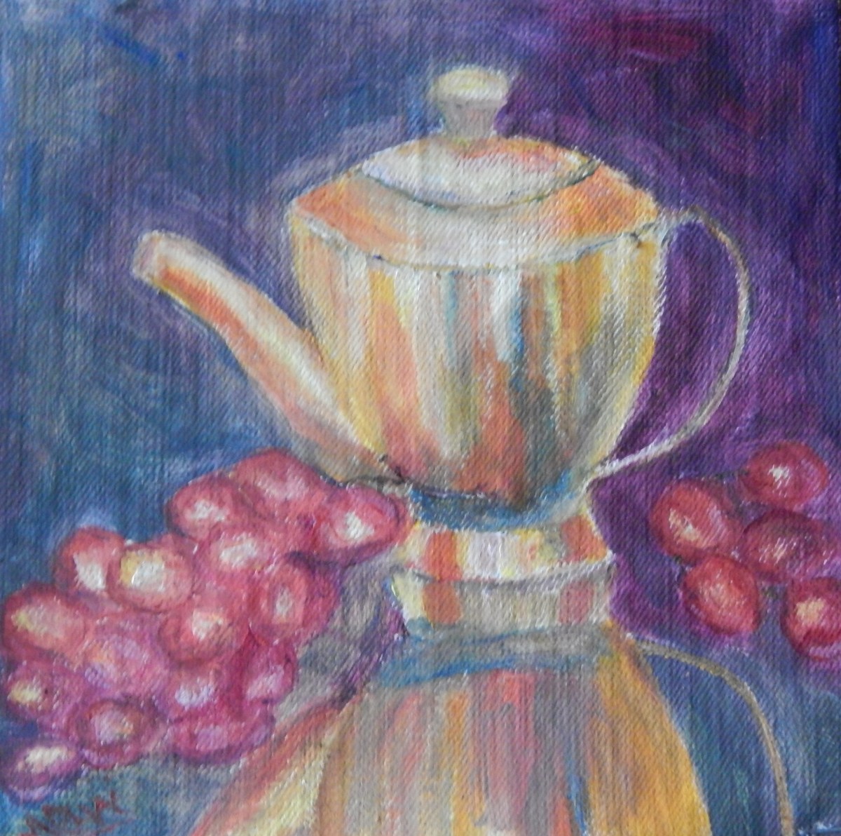 still life with teapot and red grapes oil painting by Navdeep Kular