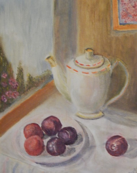 Still Life painting of teapot and plums by navdeep Kular