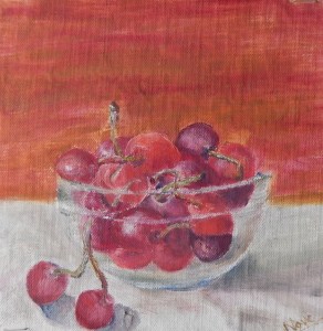 Still life oil painting of cherries in a glass bowl