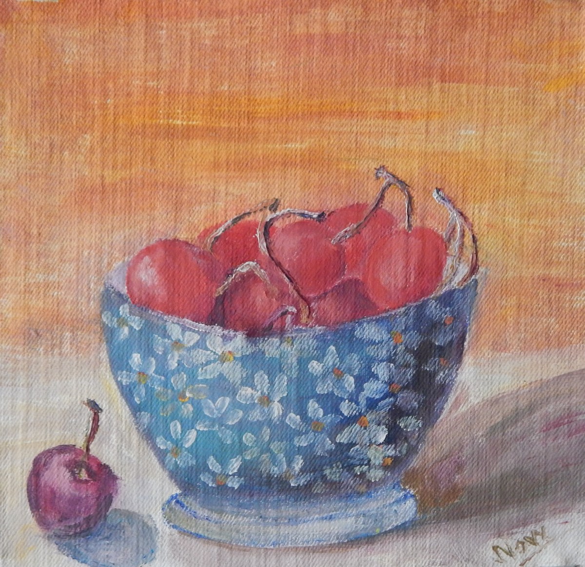 Still life oil painting of cherries in a blue bowl