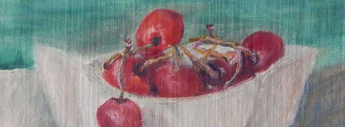 Still life painting of cherries