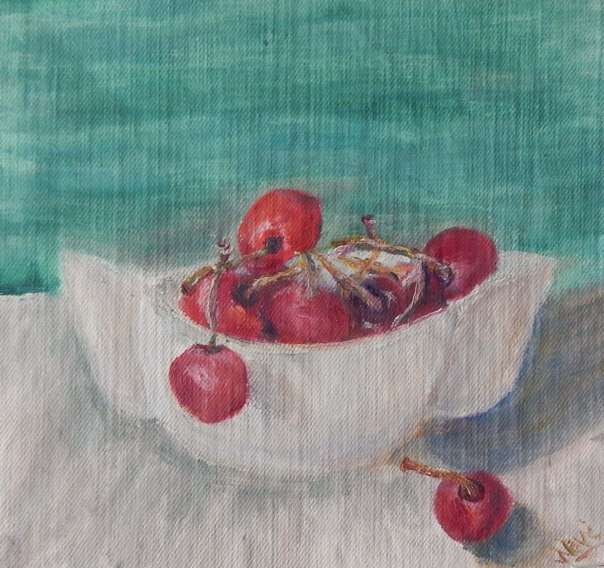 Still life painting of cherries