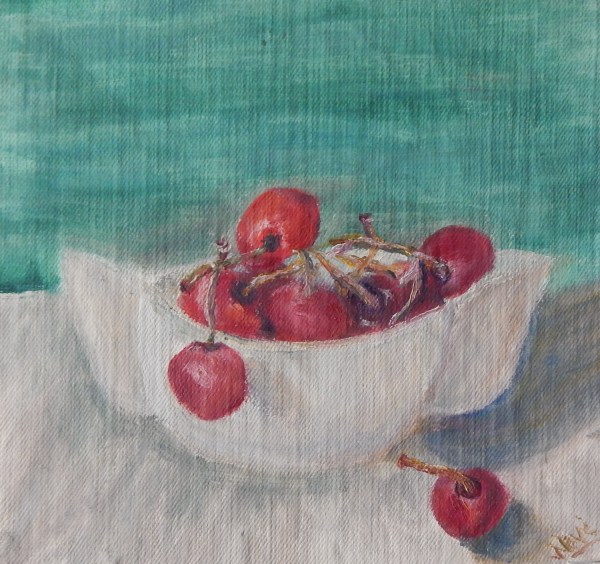 Still life painting of cherries
