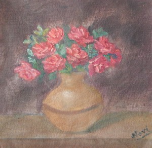 Oil painting of red roses in a copper vase by Navdeep Kular
