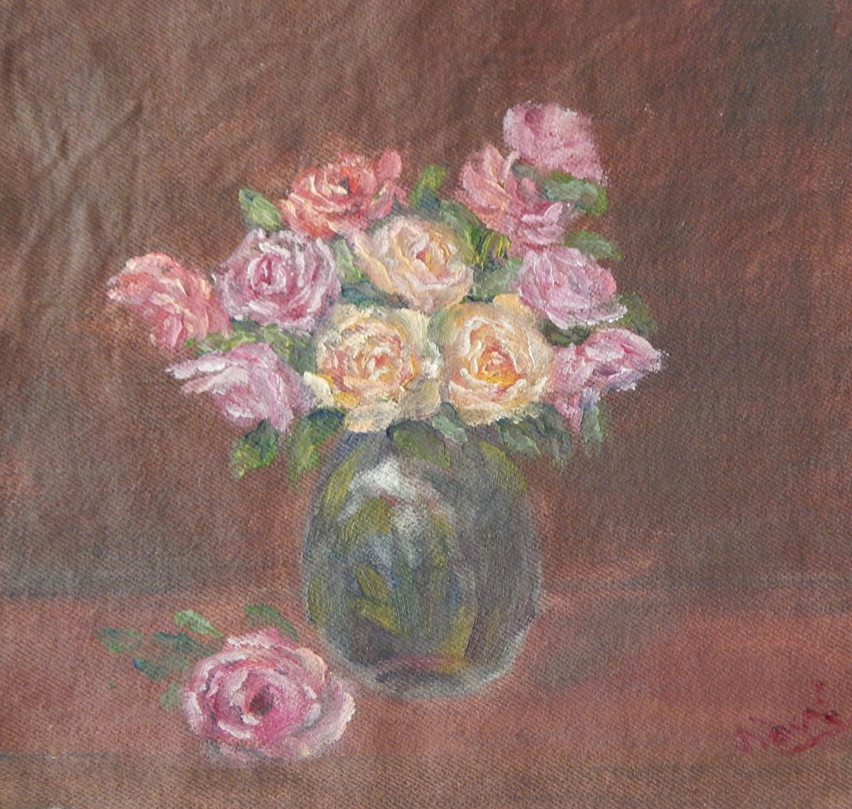 Oil painting of pink, yellow an peach roses in a glass vase by Navdeep Kular