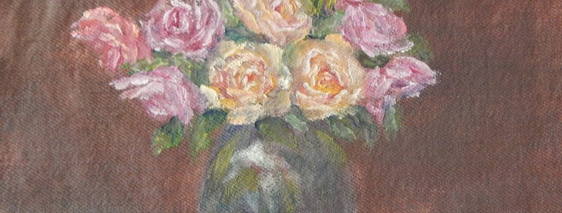 Oil painting of pink, yellow an peach roses in a glass vase by Navdeep Kular