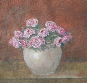 Still Life oil painting of pink roses in white vase by Navdeep Kular