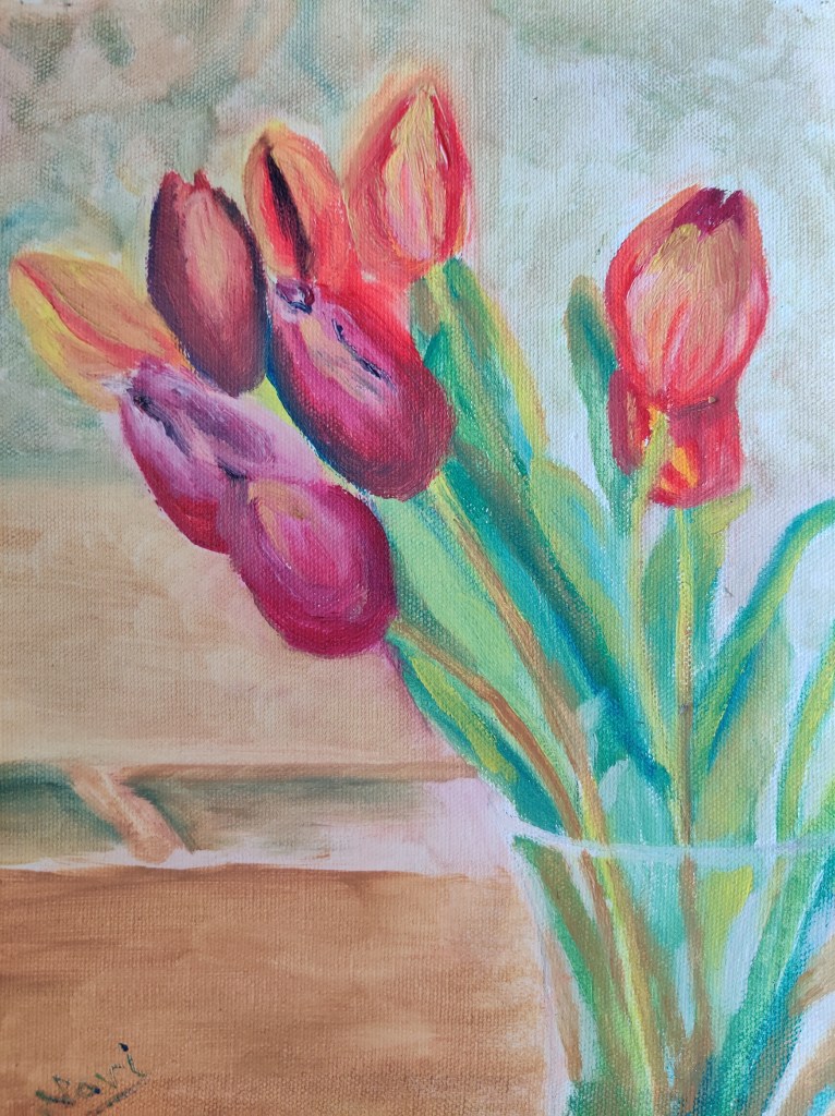 Tulips in a glass vase oil painting by Navdeep Kular