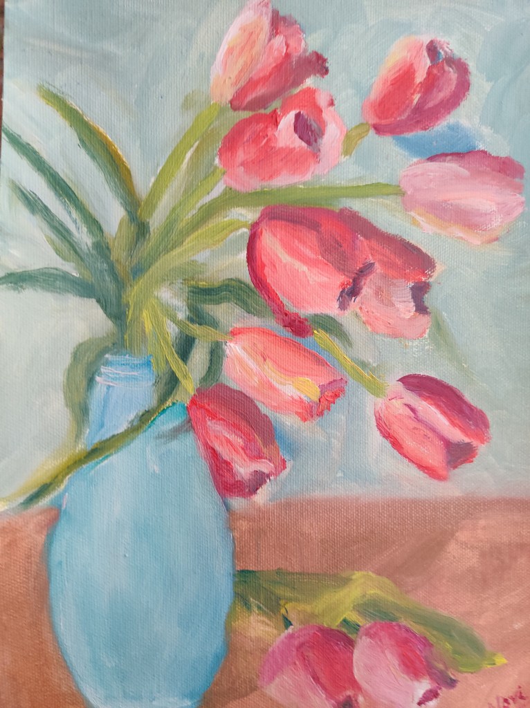 Tulips in a blue vase oil painting Navdeep Kular