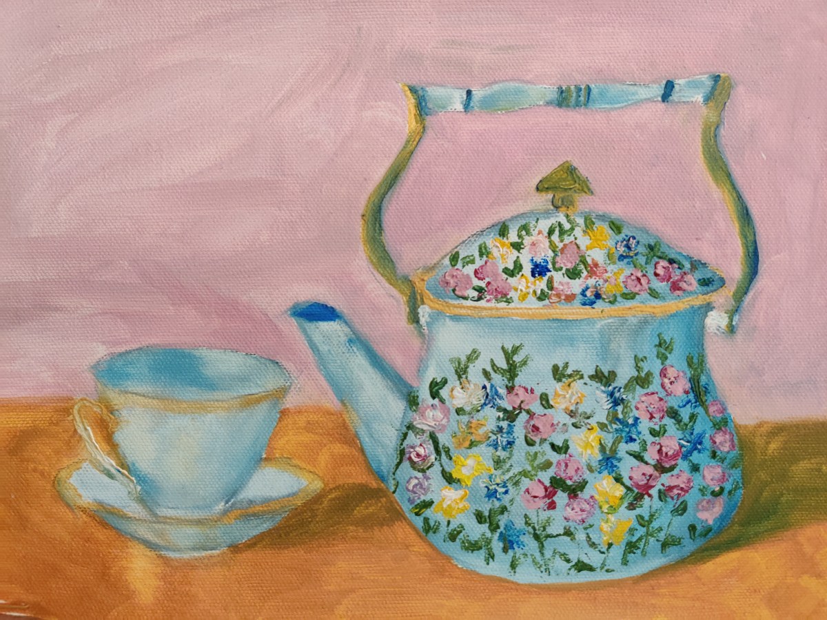 still Life with colourful kettle and a cup and saucer oil painting by Navdeep Kular