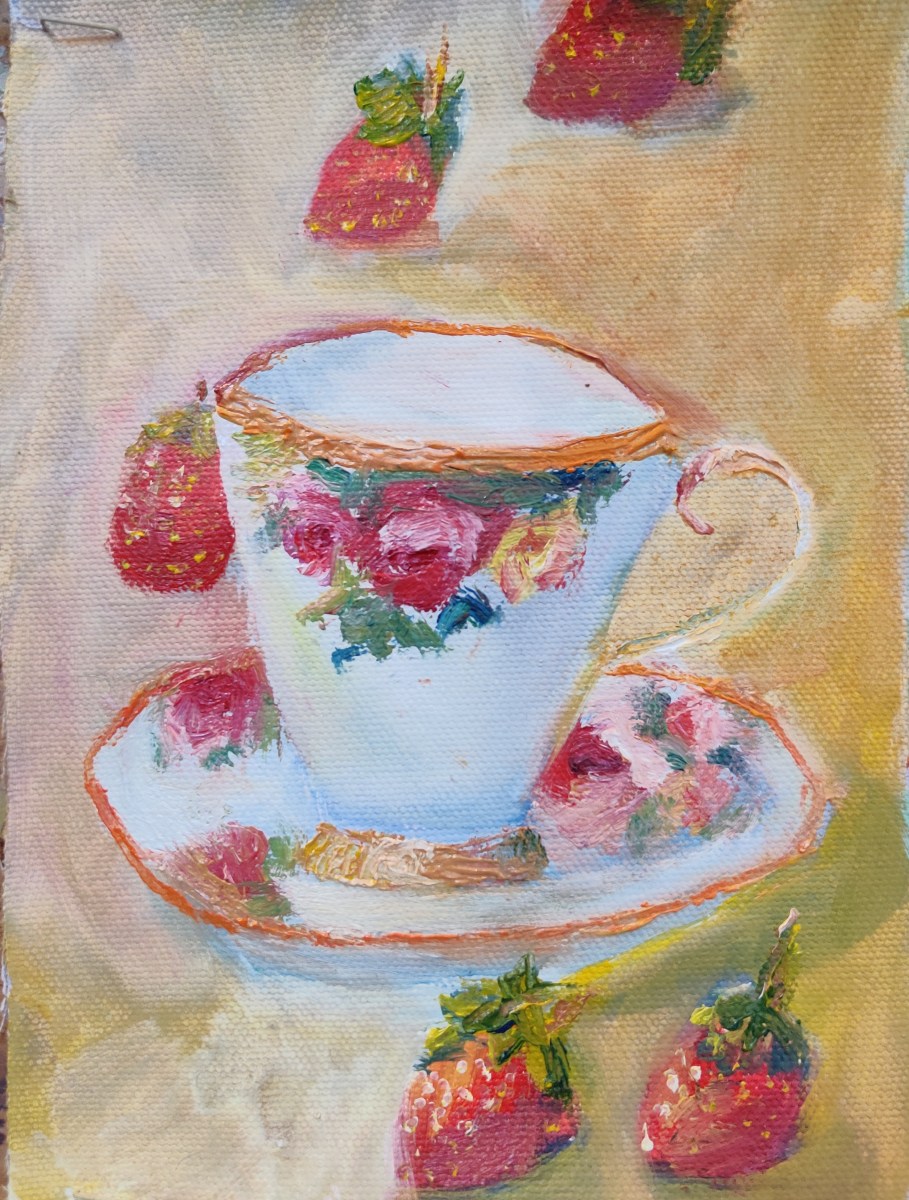 Still life oil painting of a cup and saucer and strawberries by Navdeep Kular