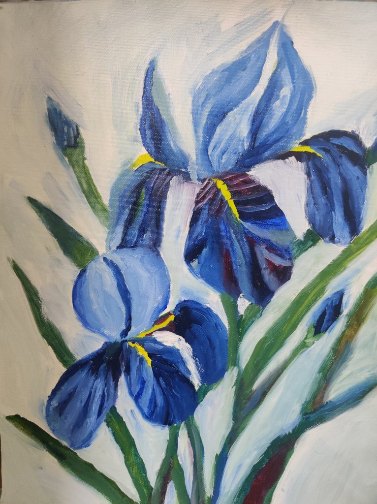 Blue irises oil painting by Navdeep Kular