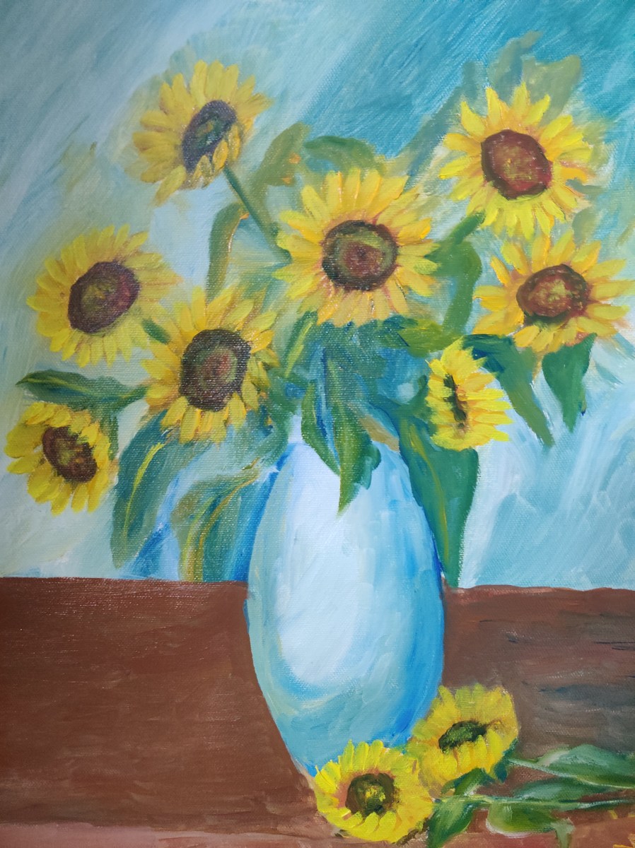 Sunflowers in a vase oil painting by Navdeep Kular