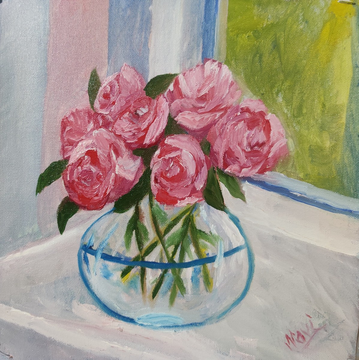 Peonies in a glass vase oil painting by Navdeep Kular