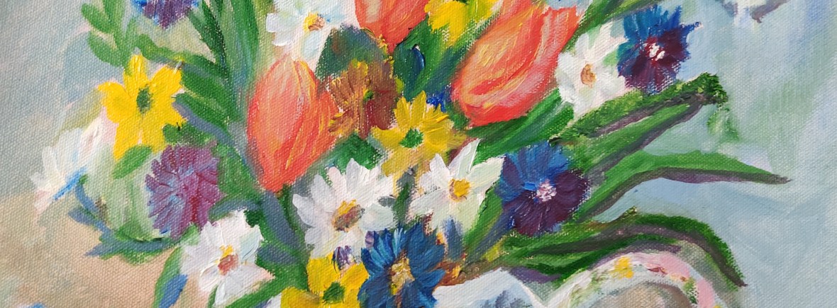Mixed flowers in a vintage teapot oil painting by Navdeep Kular