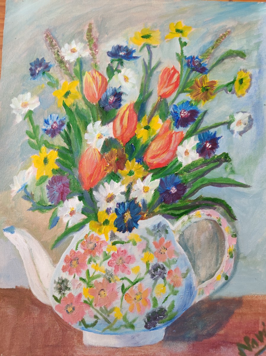 Mixed flowers in a vintage teapot oil painting by Navdeep Kular