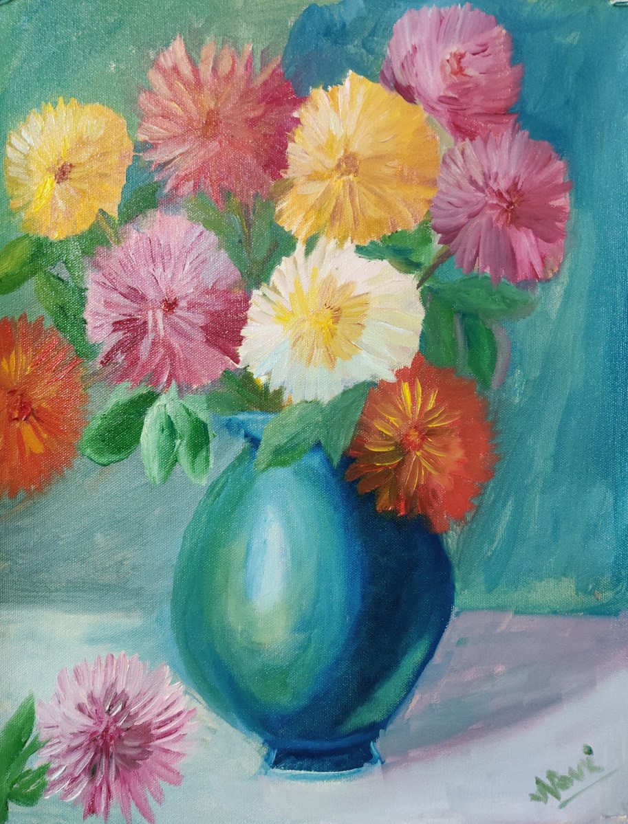 Dahlias in a vase oil painting by Navdeep Kular
